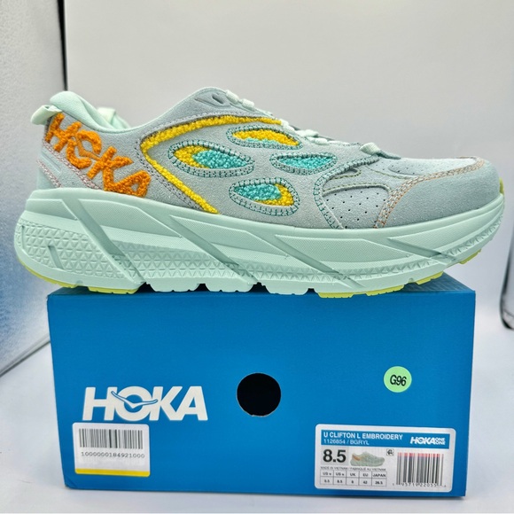 NWT Hoka Clifton Leather Embroidery UNISEX Shoes blue glass radiant yellow NEW - Picture 15 of 16